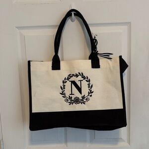 Monogrammed Letter “N” Embroidered Tote Bag Black and Cream